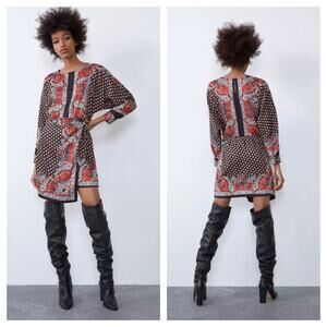 Zara Paisley Scarf Mix Print Satin Faux Wrap Mini Dress Small Boho Western